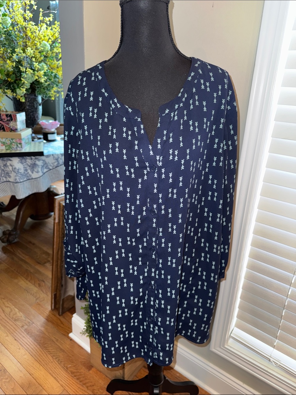 Catherines Navy Tunic with Light Blue Micro-Print